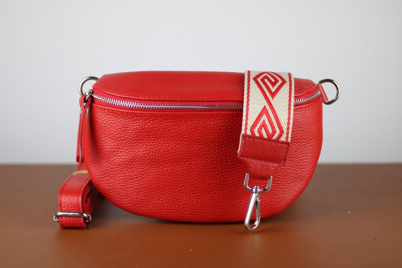 Rote Leder Umhängetasche für Frauen mit silbernem Reißverschluss, Bauchtasche mit Riemen, echtes Leder Umhängetasche, Geschenk für Sie Option-5