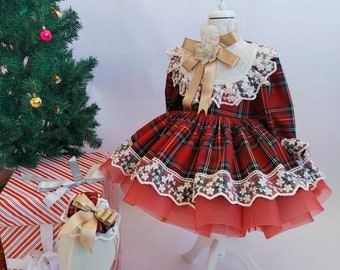 Christmas Plaid Baby Girl Dress: Boho Tartan Tutu, Lace Collar