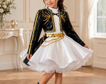May include: A black sequined bolero jacket with gold trim worn over a white dress featuring a high neckline and a full skirt. The outfit includes a gold coin belt with a draped chain detail and black lace-up boots with a glossy finish.