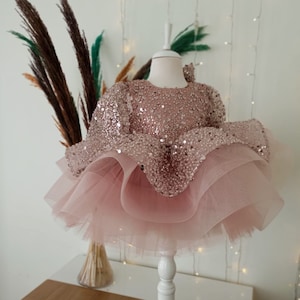 Blush Pink Sequined Baby Puffy Dress, Toddler Girl Dress, Birthday Tutu Dress, Toddler Party Dress, Flower Girl Dress, 1st Birthday Dress