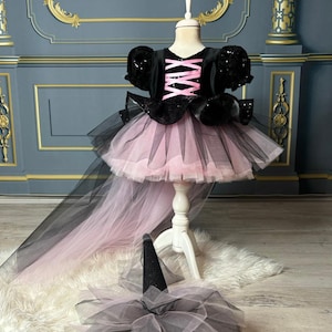 May include: A black and pink tulle dress with a black bodice and a pink tulle skirt. The dress has a black tulle train and a black witch hat headband.
