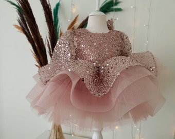Blush Pink Sequined Baby Puffy Dress, Toddler Girl Dress, Birthday Tutu Dress, Toddler Party Dress, Flower Girl Dress, 1st Birthday Dress