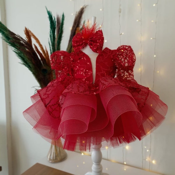 Red  Sequin Long Sleeve Toddler Tutu Dress, Birthday Party Dress, 1st Birthday Costume, Cake Smash Outfit, Luxury Princess Photoshoot Outfit