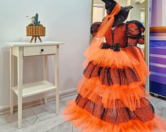 Toddler Girl Witch Costume: Orange Glitter Tulle Halloween Dress