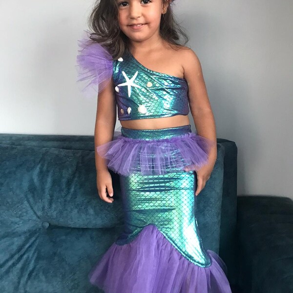 Traje de Ariel, traje de sirena de un hombro, vestido de princesa, traje de sirena pequeña, vestido de princesa, vestido de niña cosplay