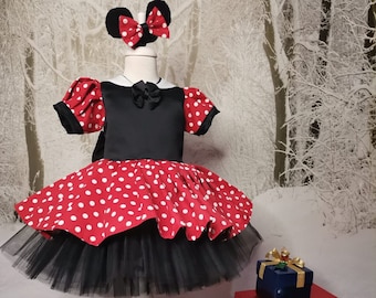 Red Minnie Mouse Cotton Dress: Birthday Party Costume with Hair Accessory