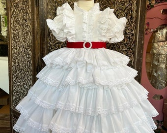 White Floral Lace Tiered Dress: Girls First Communion Gown