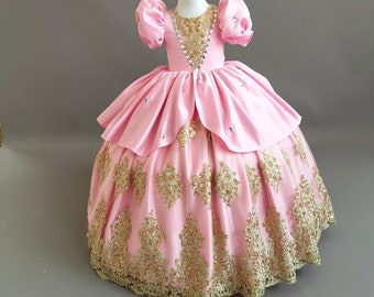 Pink Cinderella Dress: Gold Lace Princess Costume