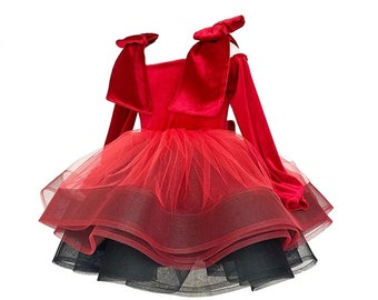 Red Velvet Christmas Dress, Tulle Party Outfit