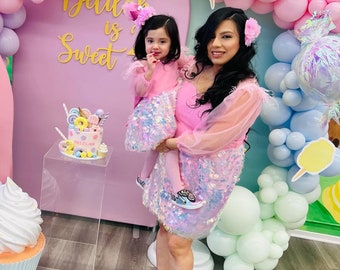 Mother Daughter Matching Sequin Tutu Dress: Pink Mom and Me Set