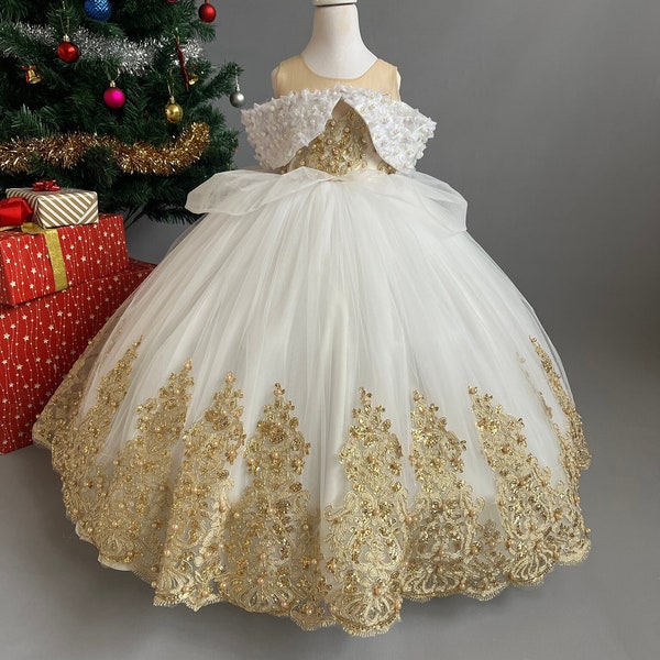 White and Gold Princess Costume, White Flower Ball Gown, Unique Lace Girl Wedding Dress, Toddler Birthday Party Dress, Baby Birthday Dress