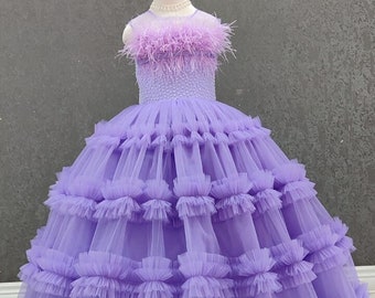 Lilac Tulle Princess Dress: Ruffle Flower Girl Birthday Gown
