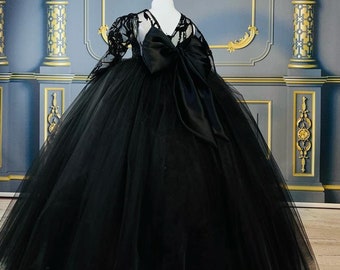 Black Lace Flower Girl Dress: Long Sleeve Tulle Wedding Dress