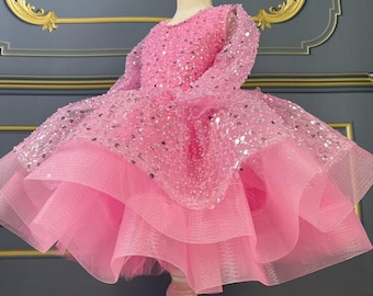 Toddler Pink Pageant Dress, Flower Girl Dress, Lace Dress, Tulle Dress For Girl, Baby 2nd Birthday Toddler Gown Dress, 1st Birthday Dress