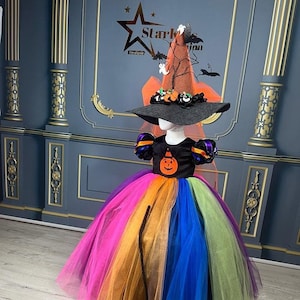 Enchanting Rainbow Witch Costume Set, Perfect Halloween Dress for Toddler Girls with Broom and Hat, Gothic Cosplay Clothing , Spooky Season