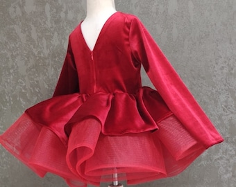 Red Velvet Christmas Tutu Dress: Long Sleeve Flower Girl Gown