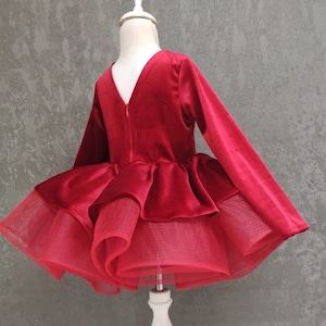 Red Velvet Christmas Tutu Dress: Long Sleeve Flower Girl Gown
