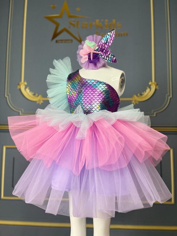 Mermaid Tutu Dress: One-Shoulder Puffy Costume with Hair Accessory