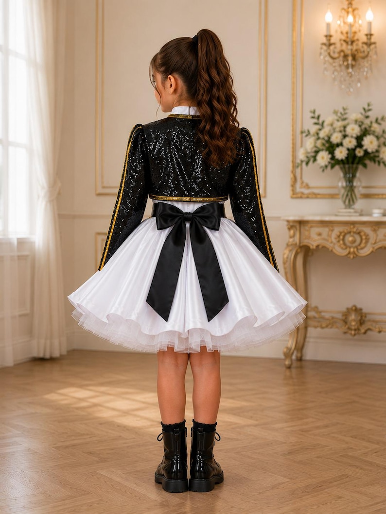 May include: A black sequined bolero jacket with gold trim worn over a white dress featuring a full, pleated skirt and a large black satin bow at the waist. The ensemble is paired with black lace-up boots, creating a formal look with contrasting textures.