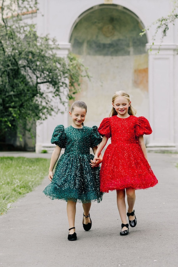 Christmas Dress sequin Beaded Christmas Dress for Girls Red and Emerald Green Elegant Holiday Princess Costume Toddler Party Dress Etsy