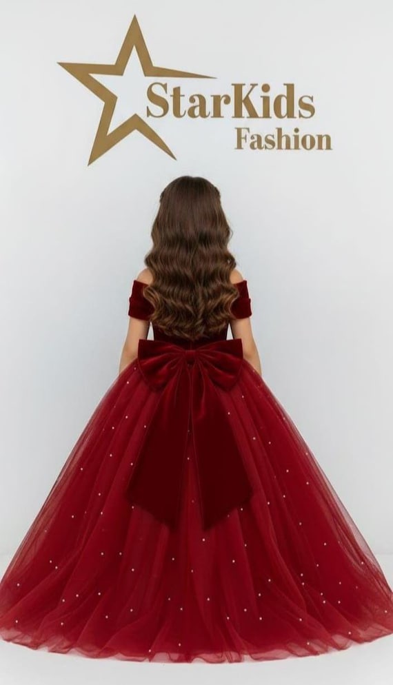 Burgundy Velvet Princess Dress – Girls' Off-shoulder Holiday Ball Gown