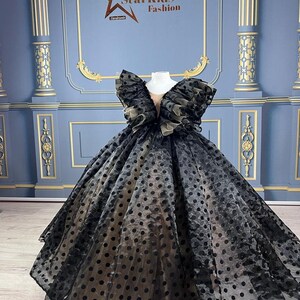 Black Polka Dot Dress, Gold Elegant Dress, Girl Princess Dress, Toddler Gown Dress, 1st Birthday Dress, Party Dress, 2nd Black Tulle Dress