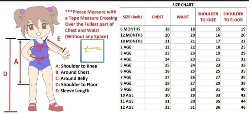 May include: A size chart graphic featuring an illustration of a child with labels A through E indicating measurement points for shoulder to knee, chest, belly, shoulder to floor, and sleeve length, alongside a table listing sizes in inches.