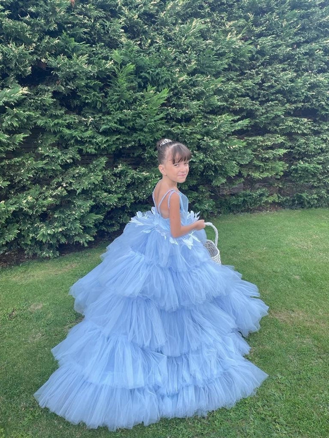 Light Blue Princess Puffy Satin Ball Gown Dress for Girls
