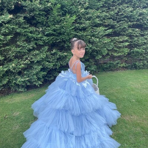 big blue puffy dress Puffy Blue Dress: Elegant Beaded Spaghetti Strap Tulle Ruffle Dress for Kids' Formal Events and Communion Dresses