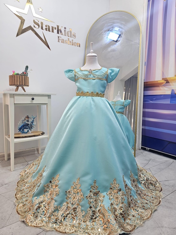 Princess Jasmine Inspired Dress: Aladdin Costume Girl, Blue Satin Gown,