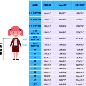 May include: A size chart for children's clothing with measurements in inches and centimetres. The chart shows the size, chest, waist, and height measurements for children from 0-3 months to 10T.
