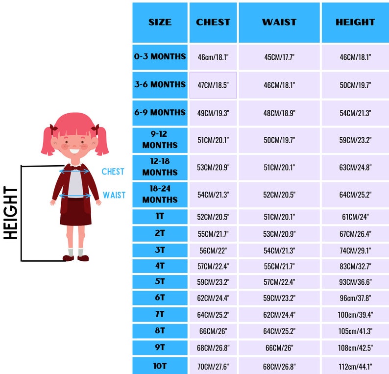May include: A size chart for children's clothing with measurements in inches and centimetres. The chart shows the size, chest, waist, and height measurements for children from 0-3 months to 10T.