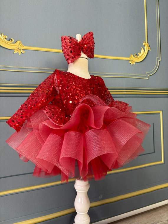 Red Beaded Toddler Tutu Dress: Long Tulle Sleeves, Flower Girl Party Red Beaded Toddler Tutu Dress: Long Tulle Sleeves, Flower Girl Party