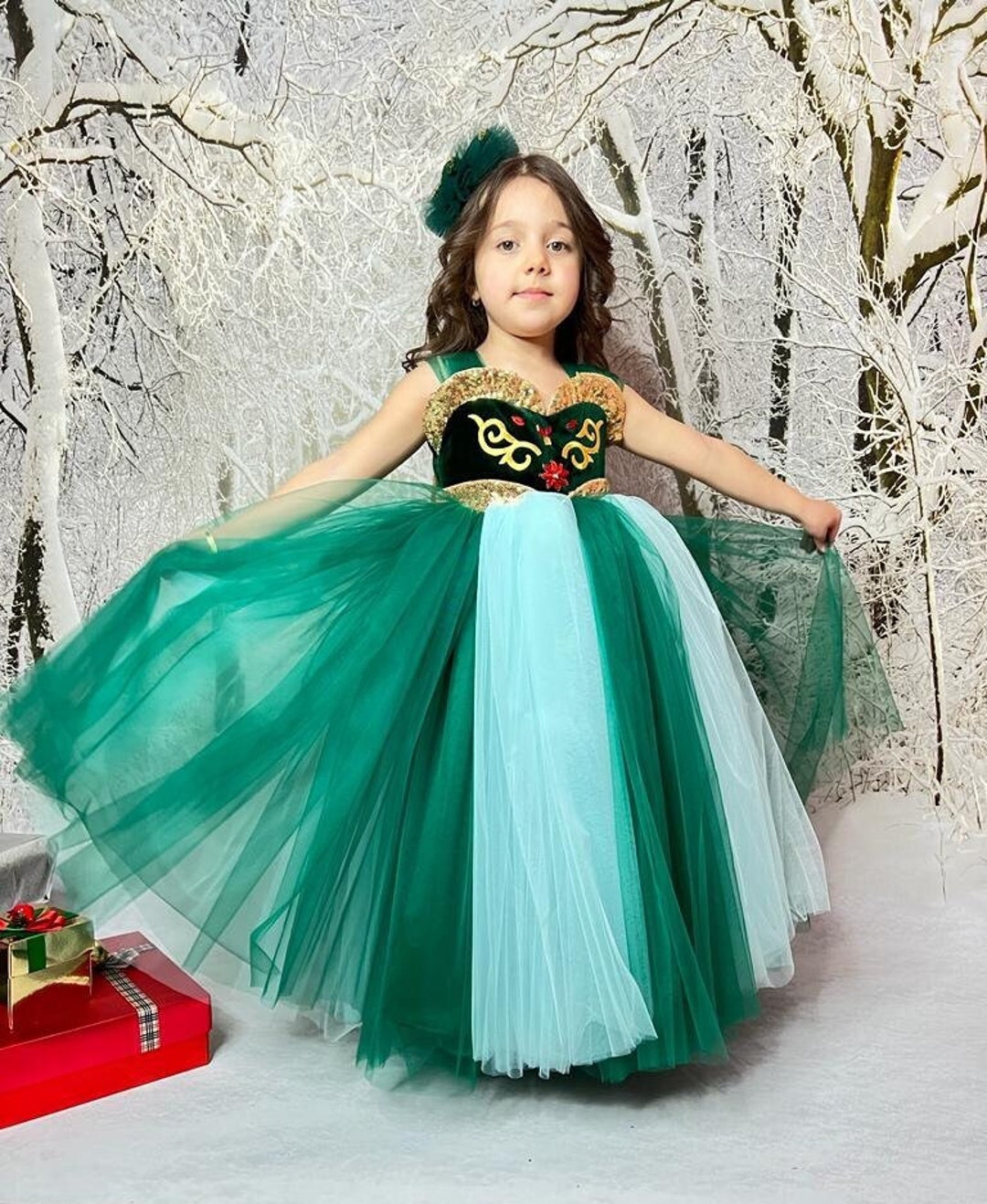 Anna Princess Dress: Emerald Green Tulle Gown, Hair Accessory Included