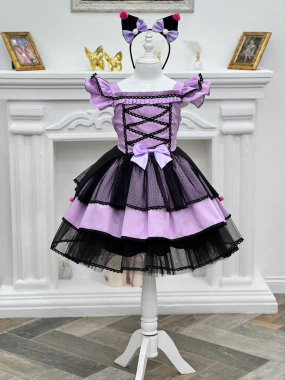 Kuromi Inspired Dress – Kawaii Gothic Party Costume, Optional Velvet Cape