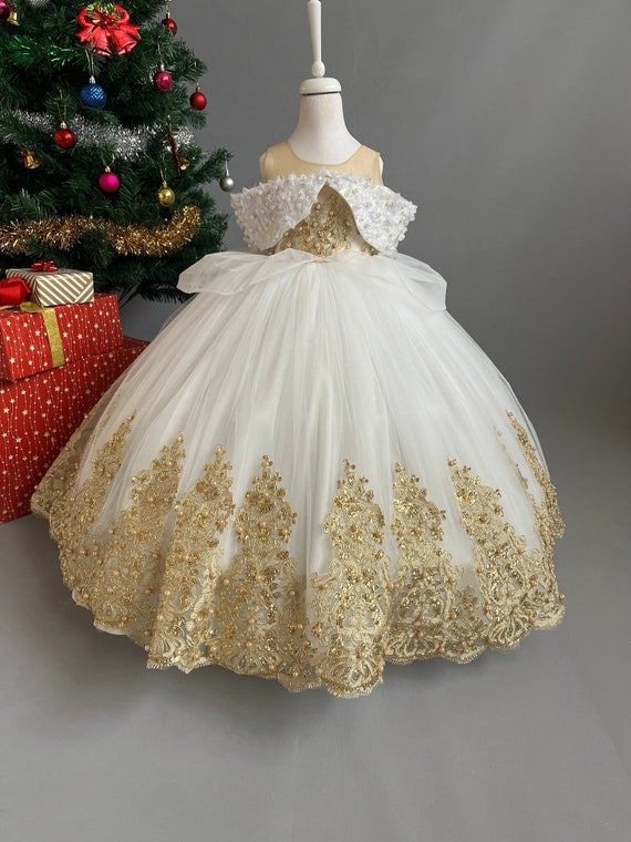 White and Gold Princess Costume White Flower Ball Gown Unique