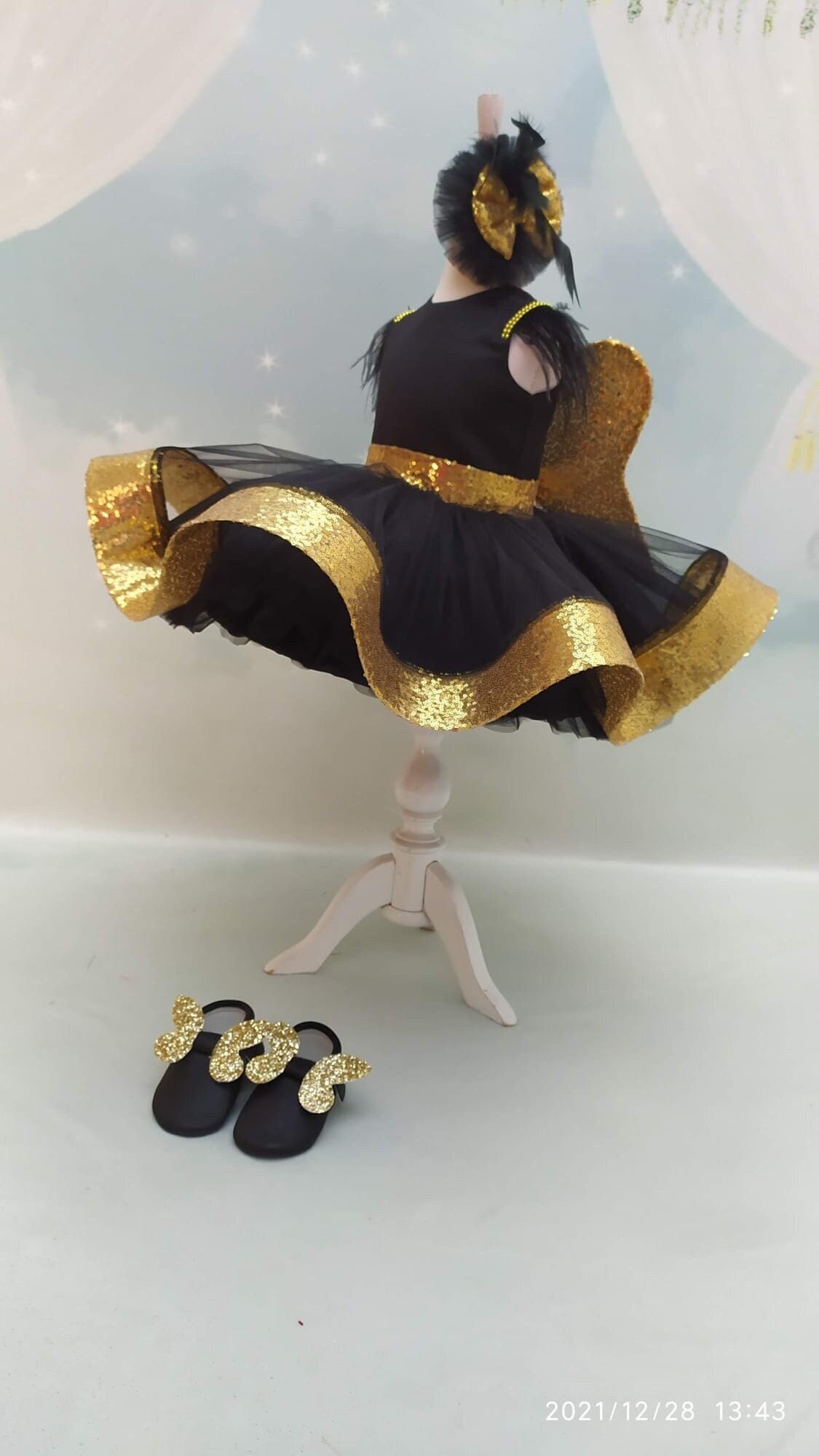 Black and Gold Tutu Dress Set: Embroidered Elsa Costume