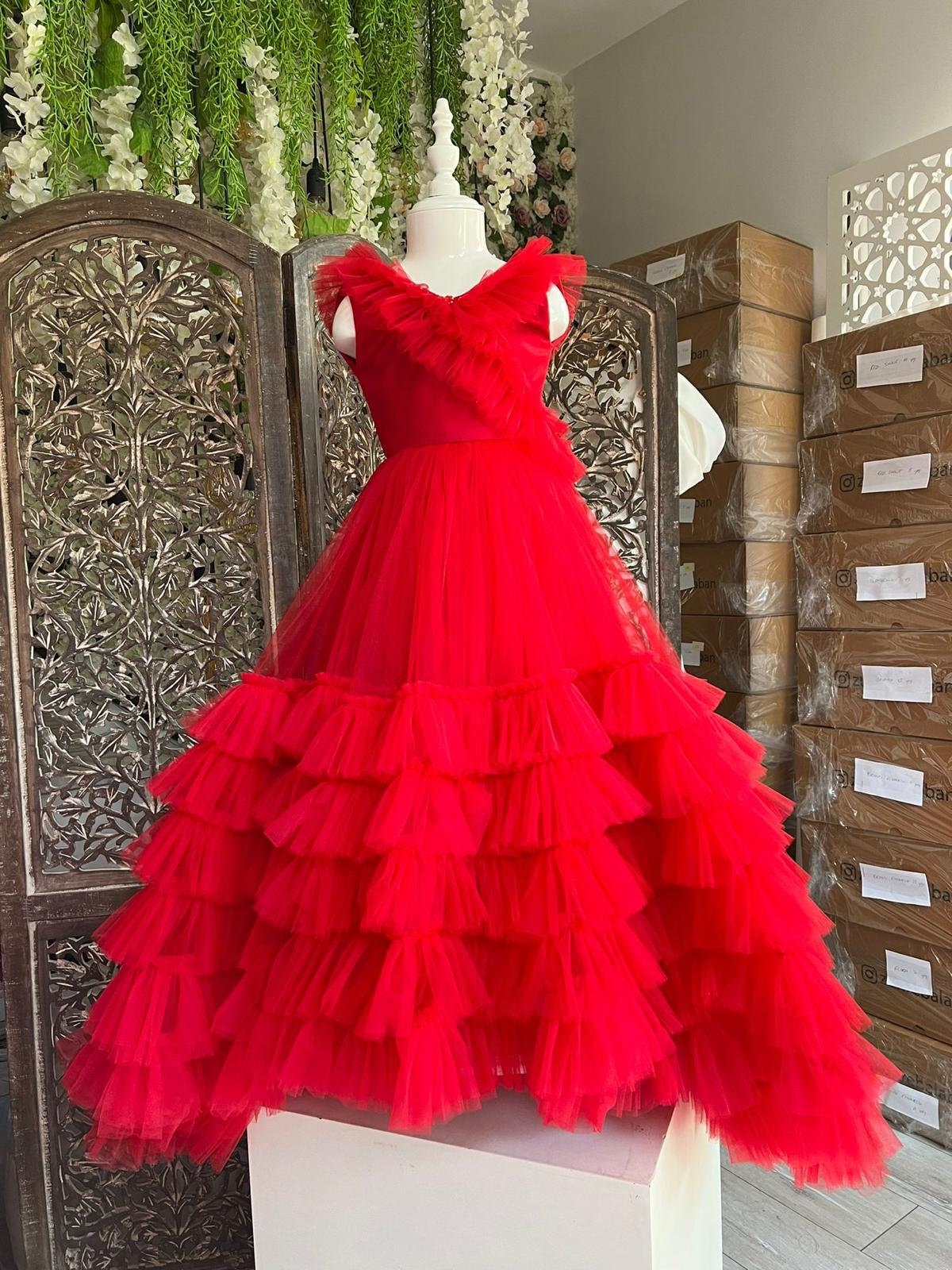 Fabulous Flower Decor Long Sleeve Red Dress