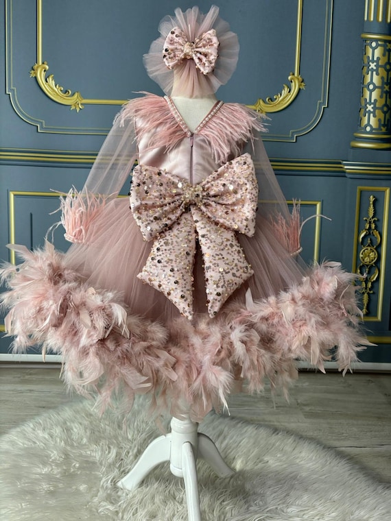 blush pink tutu dress Blush Pink Tutu Dress: Feathered 1st Birthday Party Dress