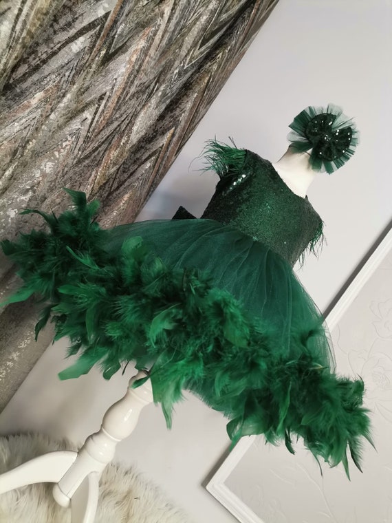 Emerald Green Sequin Feather Tutu Dress: Toddler Birthday, Flower Girl -  Etsy Denmark