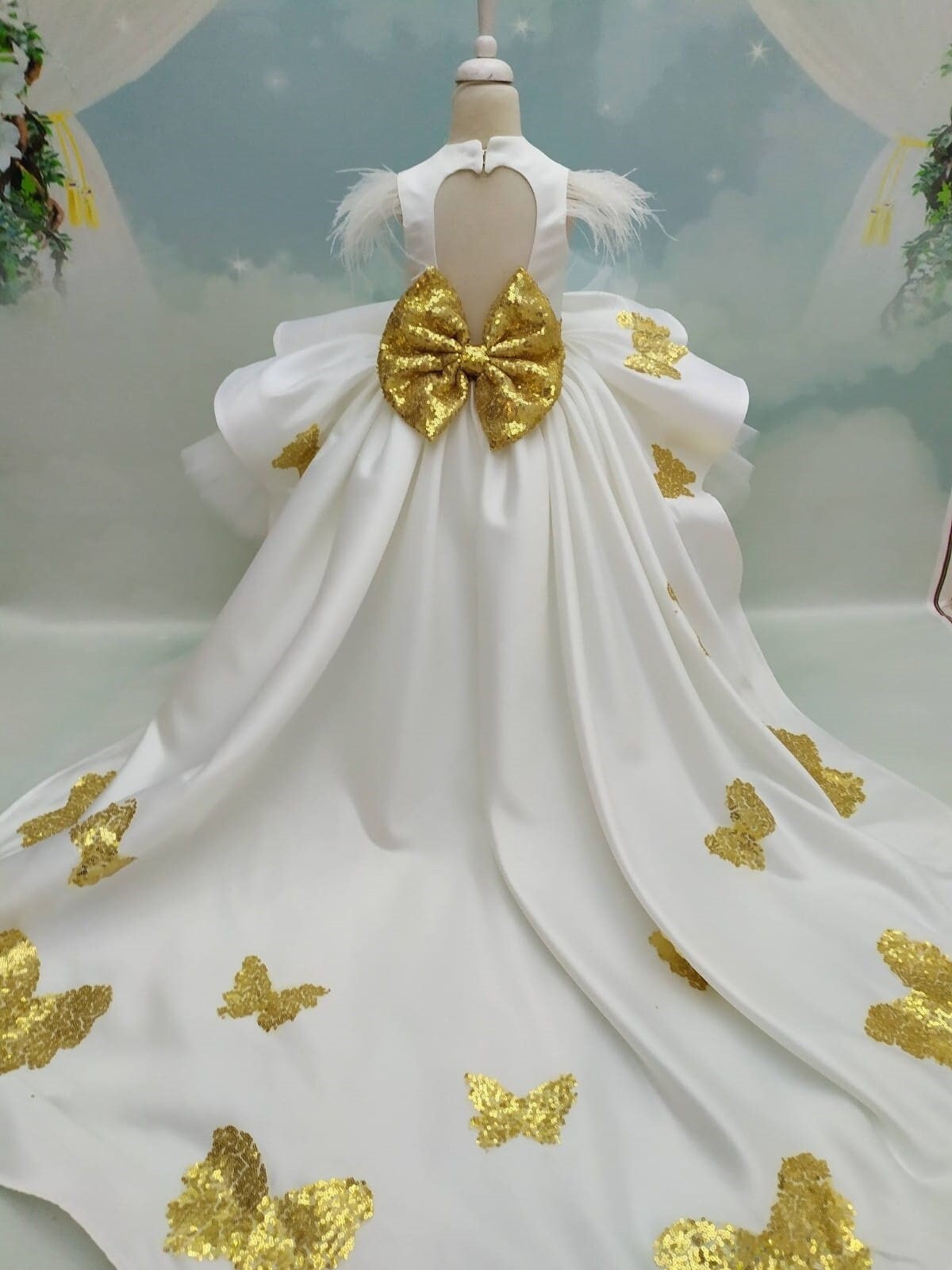 White and Gold Butterfly Train Dress: Satin Birthday Party Gown