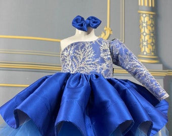 One Shoulder Royal Blue Birthday Dress, Blue Flower Girl Dress, Royal Blue Glitter Tutu Dress, One Sleeve Toddler Party Dress