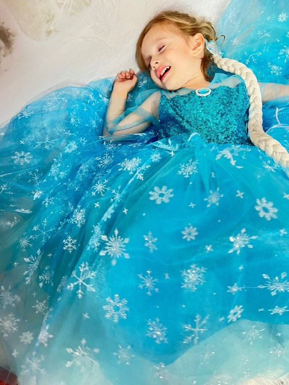 Frozen Elsa gown for Girls Birthday dress up with Magic wand and Crown
