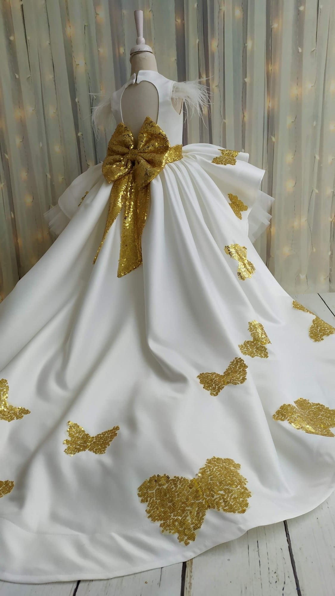 white and gold birthday dress White and Gold Butterfly Train Dress: Satin Birthday Party Gown