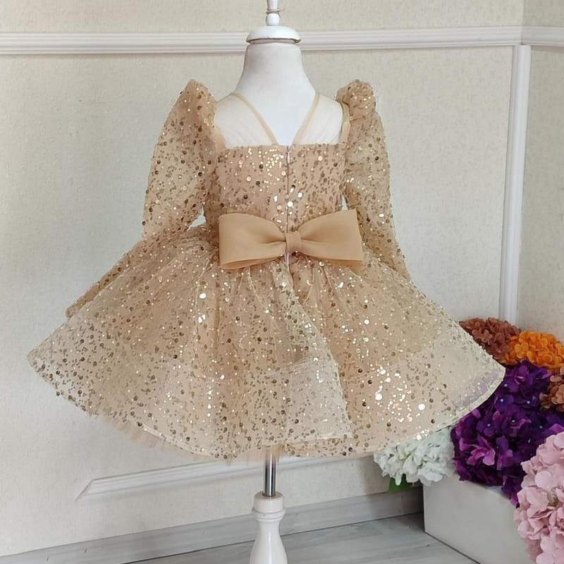 Flower Girls Dress Gold Embroidery Appliqued Puff Tulle Short Sleeves Sequins Party Dress