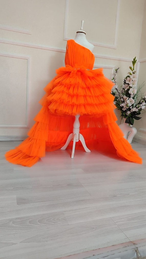 Orange Tulle Birthday Dress: One-shoulder Fluffy Tutu, Elegant Train - Etsy Orange Tulle Birthday Dress: One-shoulder Fluffy Tutu, Elegant Train - Etsy