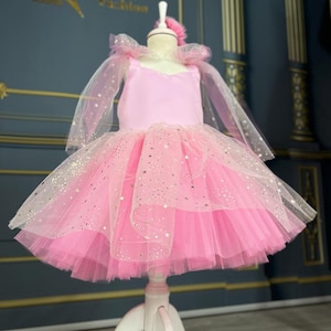 Baby Girl Pink Star Tulle Dress, Princess Birthday Dress, Tutu Baby Dress Special Occasion, Baby Flower Girl Dress, 1st Birthday Dress