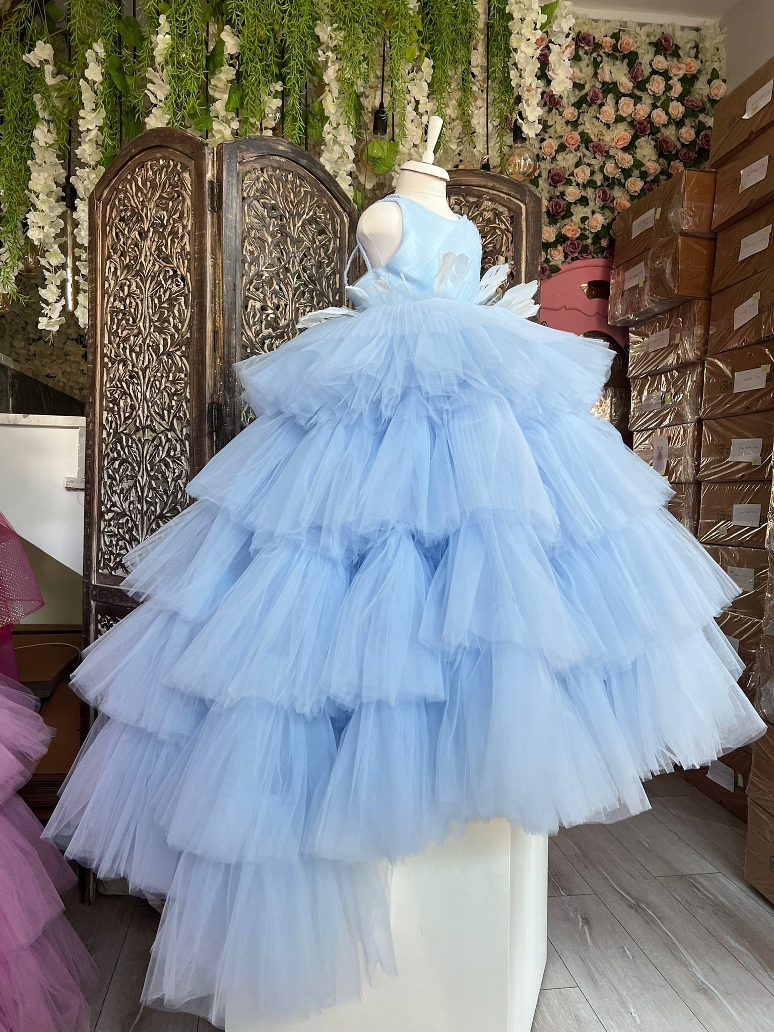 puffy blue dress Dusty Blue Dotted Tulle Prom Dresses Puffed Sleeve Formal Dress 21835 Dusty Blue / 16W main image 1