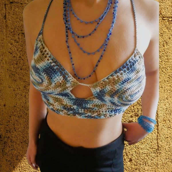 Crop top hippie style, slow fashion crocheted top, handmade from bamboo yarn in Woodstock style, Ibiza vibes, super cool.