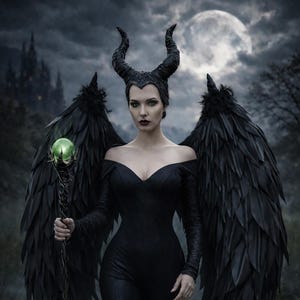 Puede incluir: Una persona con un disfraz negro con grandes alas de plumas y una diadema con cuernos. Sostiene un bastón con un orbe verde. El fondo presenta un cielo oscuro, una luna llena y un castillo, creando un tema de fantasía.